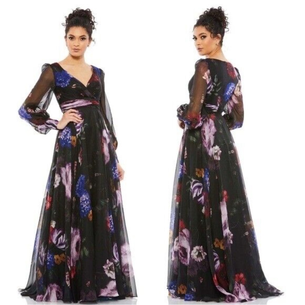 Mac Duggal Long Sleeve Floral Chiffon Gown, NWT, Current 2025 Season, Saks $600 - Picture 4 of 5